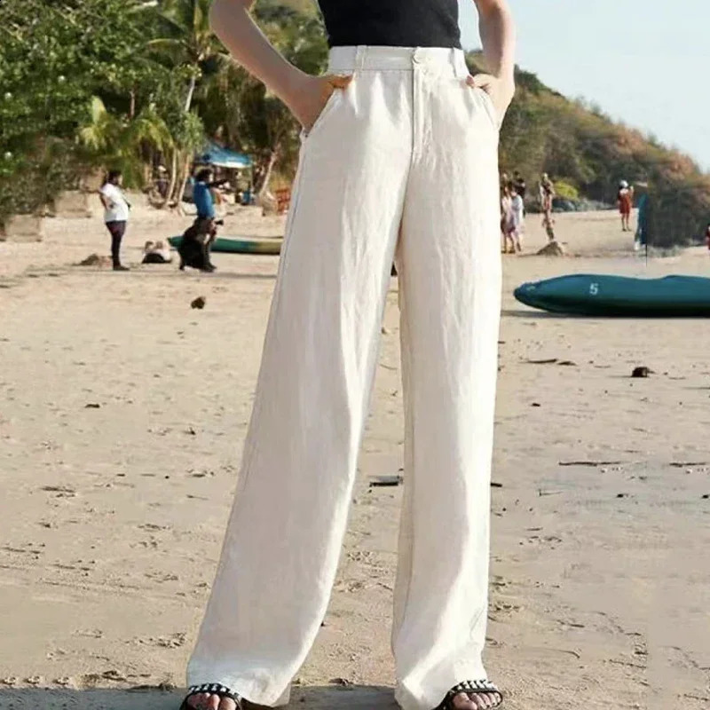 Fashion Cotton Linen Pants Women Elegant High Waist White Wide Leg Trouser Woman Casual Baggy Straight Streetwear Pants 250411