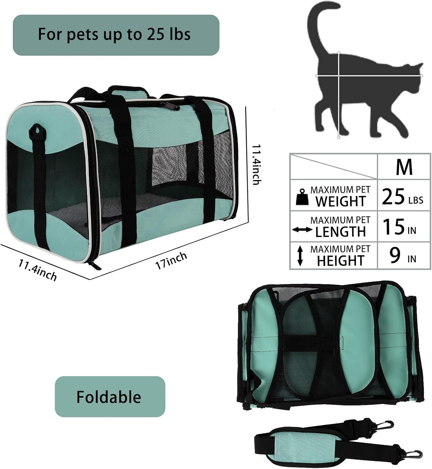 Cat carrying case, pet dog bag, soft faced cat bag, airline approved pet travel bag, weighing up to 15 pounds (approximately 6.8 kilograms), foldable 