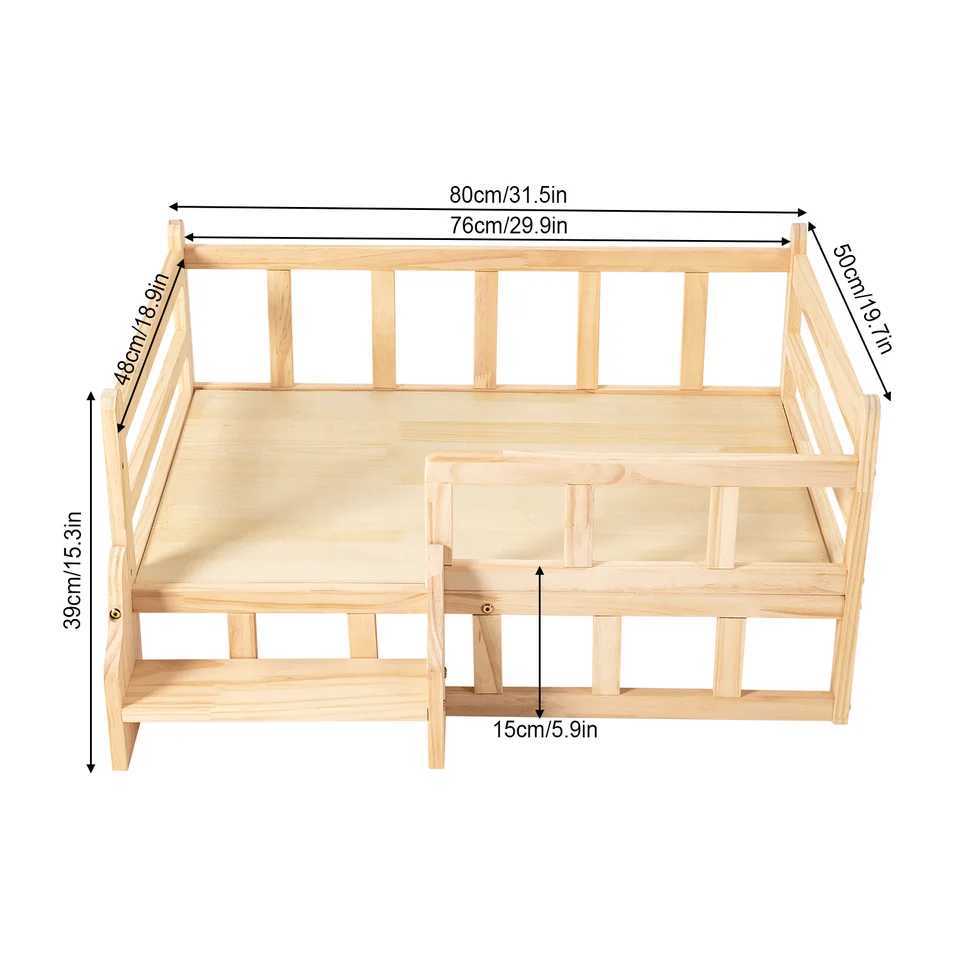 Solid wood pet bed wooden dog and cat bed frame pet furniture W/staircase+anti slip pad circular corners and edges X250412