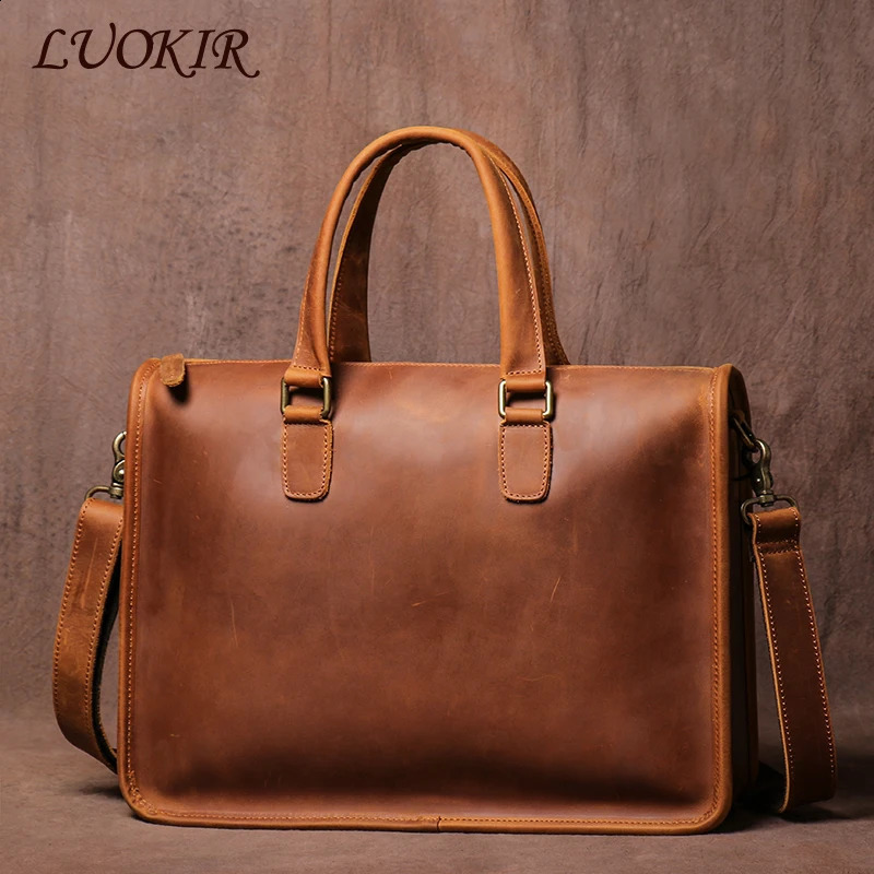 LUOKIR Real Leather Handbag Men Vintage Crazy Horse Cowhide Office Computer Bag Simplicity Business Briefcase For 14 Inch Laptop 250407