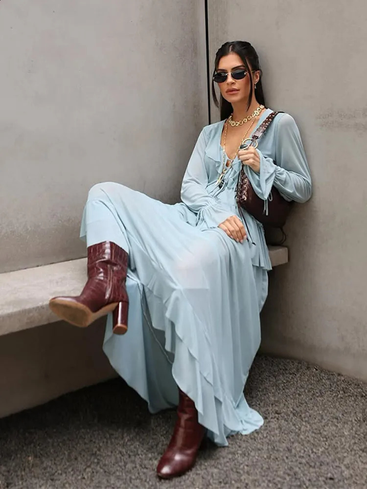 Women Blue Ruffles Hem Top Skirt Set Chic Long Flare Sleeve V Neck Blouse Loose Skirts Suit 2025 Summer High Street Lady Outfit 250411