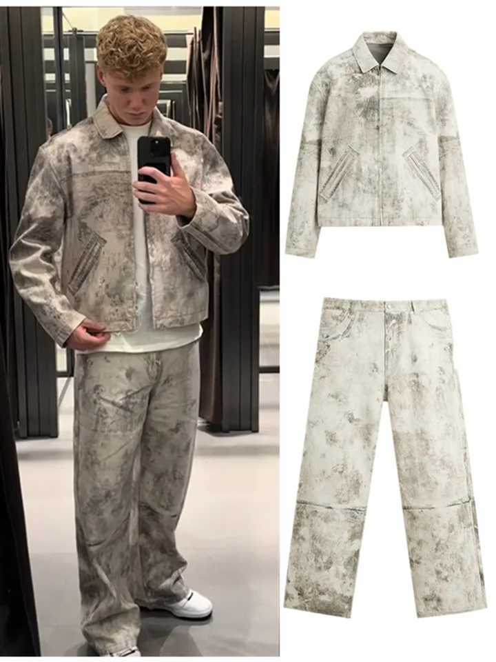 Retro printed jacket and pants set for mens casual long sleeved zipper jacket with straight matching pants two-piece set spring cargo track set W25041