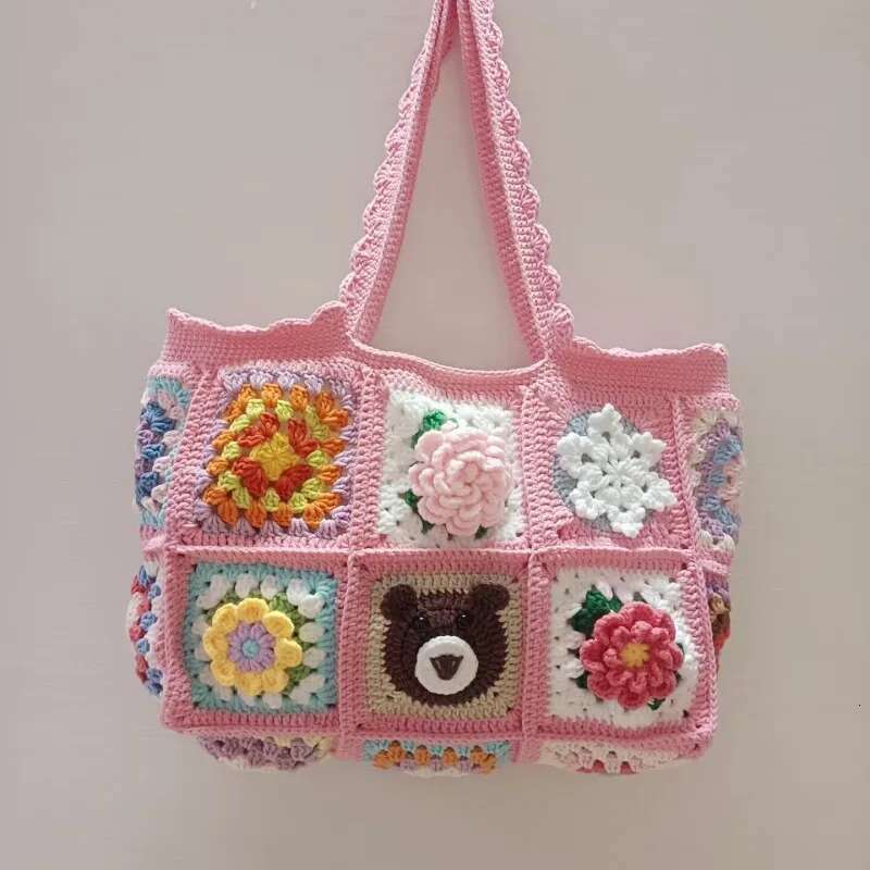 Strawberry Cherry Crochet Granny Square Large Tote Shoulder Handmade Shopping Handbag Vintage Style Summer Beach Bag