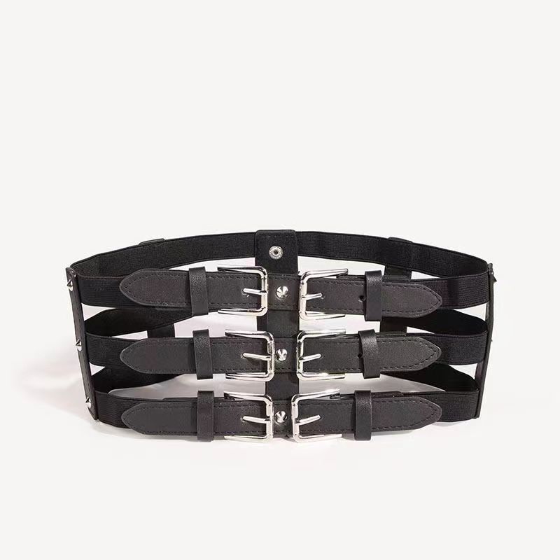 Wide new elastic hollow waistband, fashionable versatile, with three rows of buttons and adjustable splicing