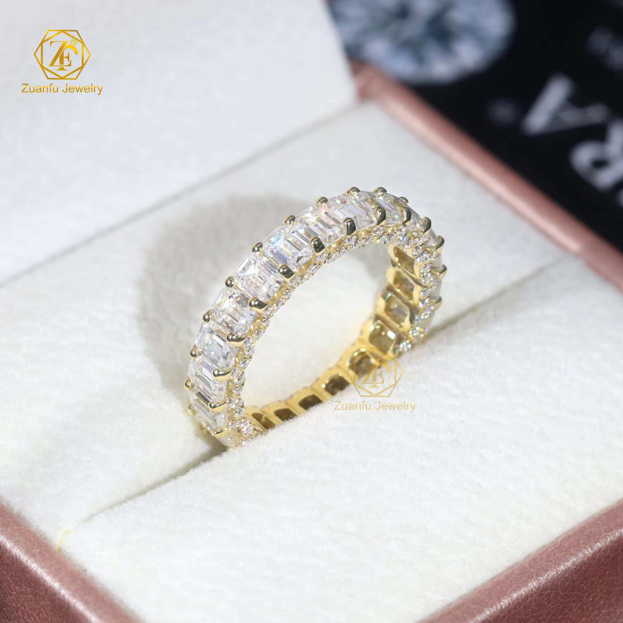 14K Yellow Gold Moissanite Eternity Ring 3x4mm Emerald D if Moissanite Full Diamond Ring Band for Ladys Wedding