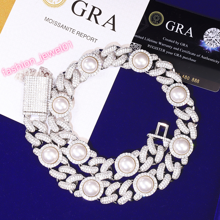 Unique Design Elegant Necklace 17mm Wide Freshwater Pearl Sterling Silver VVS Iced Out Moissanite Chain for Anniversary Gift