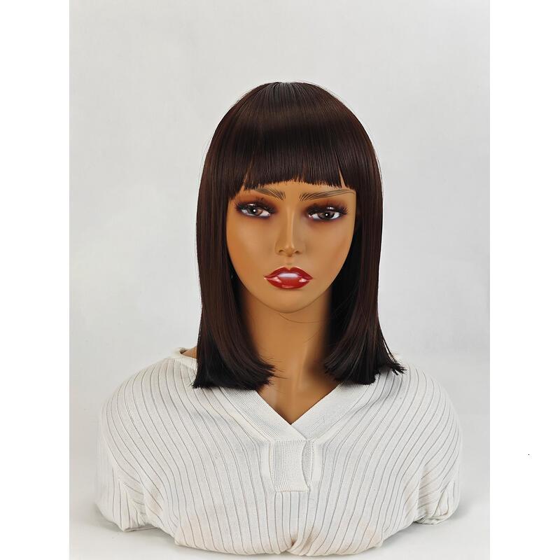 12 Inch Medium Brown Short Bob With Bangs Light Yaki Straight Blunt Cut Glueless Realistic Look Daily Costume Wig For Women Synthetic Heat Resistant H