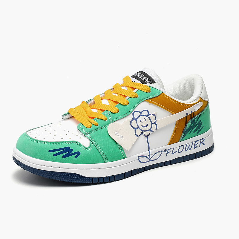 Instagrammable Graffiti-style Skate Shoes for Couples - Unique Sunflower Pattern Low-Top Sneakers, Gender-Neutral Streetwear
