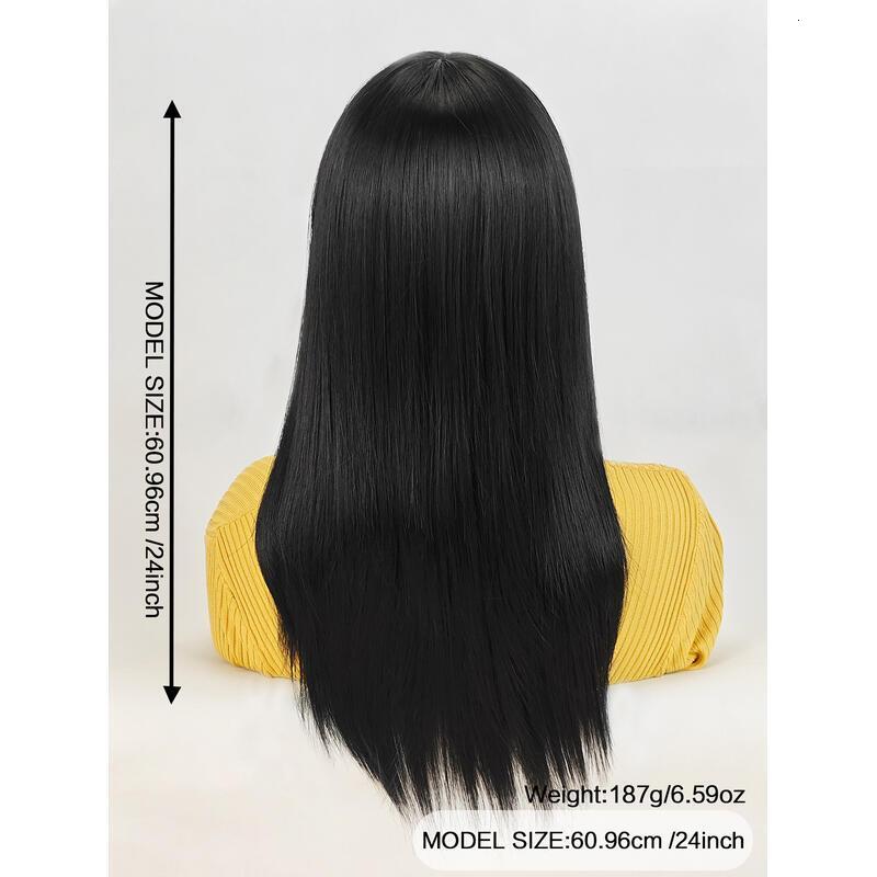 Long Natural Women,Natural Black Wigs with Bangs Layered Shoulder Length Synthetic Wig for Daily Party (24 inch)