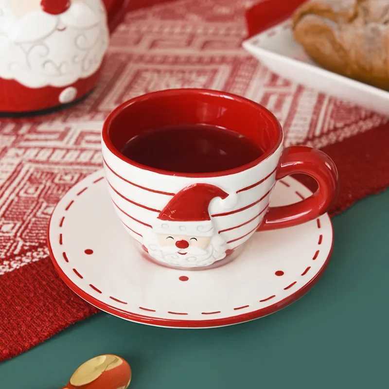 Christmas JUSTINLAU Santa Claus Ceramic Coffee Cup Saucer Teapot Creative Relief Afternoon Tea Cup and Saucer Teaware Set Christmas Gift Y251112