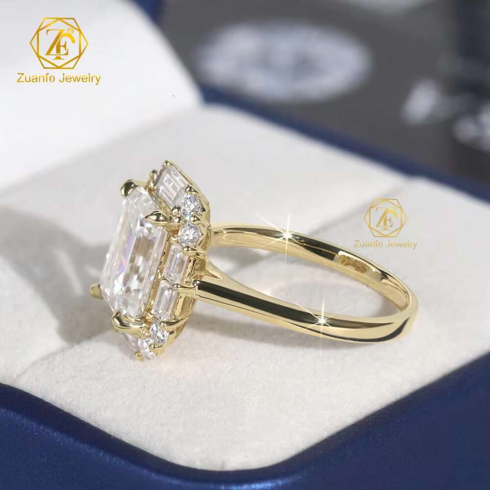 D FL Color Moissanite Emerald Shape 3.5CT 7x10mm Diamond 14K Yellow Gold Wedding Ring for Lady