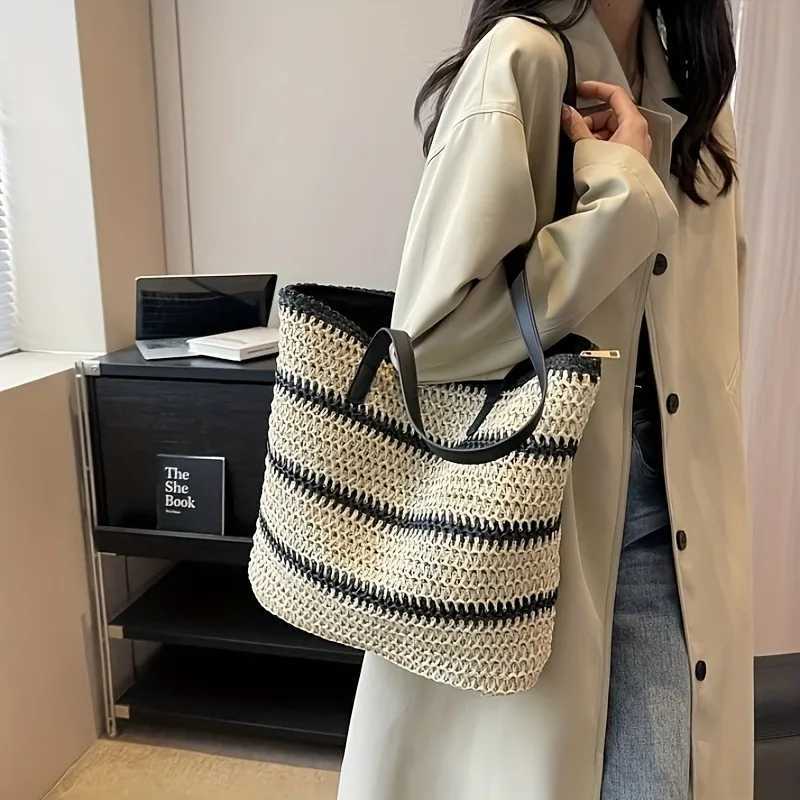 1 Bohemian striped woven handbag Str handbag large capacity can be fixed shoulder bag travel beach bagXJ250412