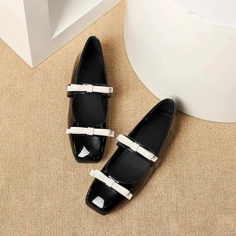New 2024 Fashion Square Toe Glossy Leather Flats Women Double Bowknot Mary Jane Female Ballets Party Shoes Plus Size 44