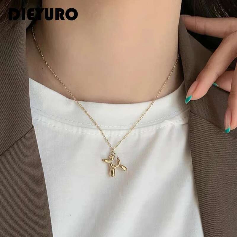 DIEYURO 316L Stainless Steel Cute Style Balloon Dog Golden Pendant Necklace Sweet Funny Clavicle Chain Unique Girl Birthday Gift