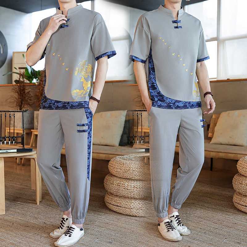 Shirt+pants Summer cotton linen shorts pullover mens casual suit mens fashion mens shirt M-4XL TZ020XJ250412