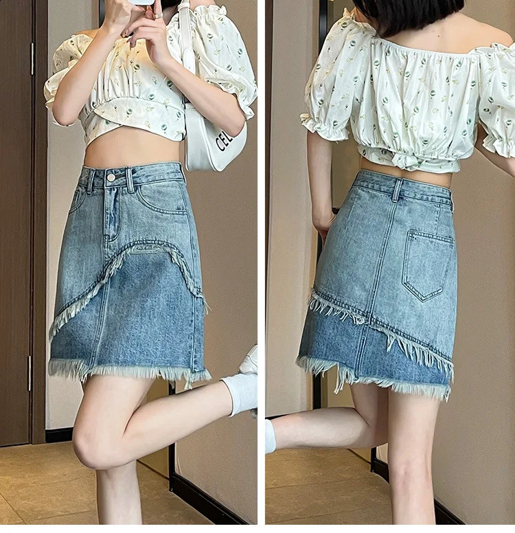 Womens Summer Fashion Rough Selvedge Denim A-line Hip Wrap Skirt. Casual Vintage y High-waisted Denim Half Body Skirt 250407