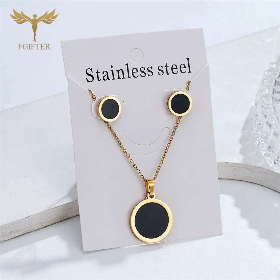 Classic Round Necklace Earrings Set for Women Gold Plated Stainless Steel Pendant Chain Ear Piercing Studs Fashion Jewelry Gifts