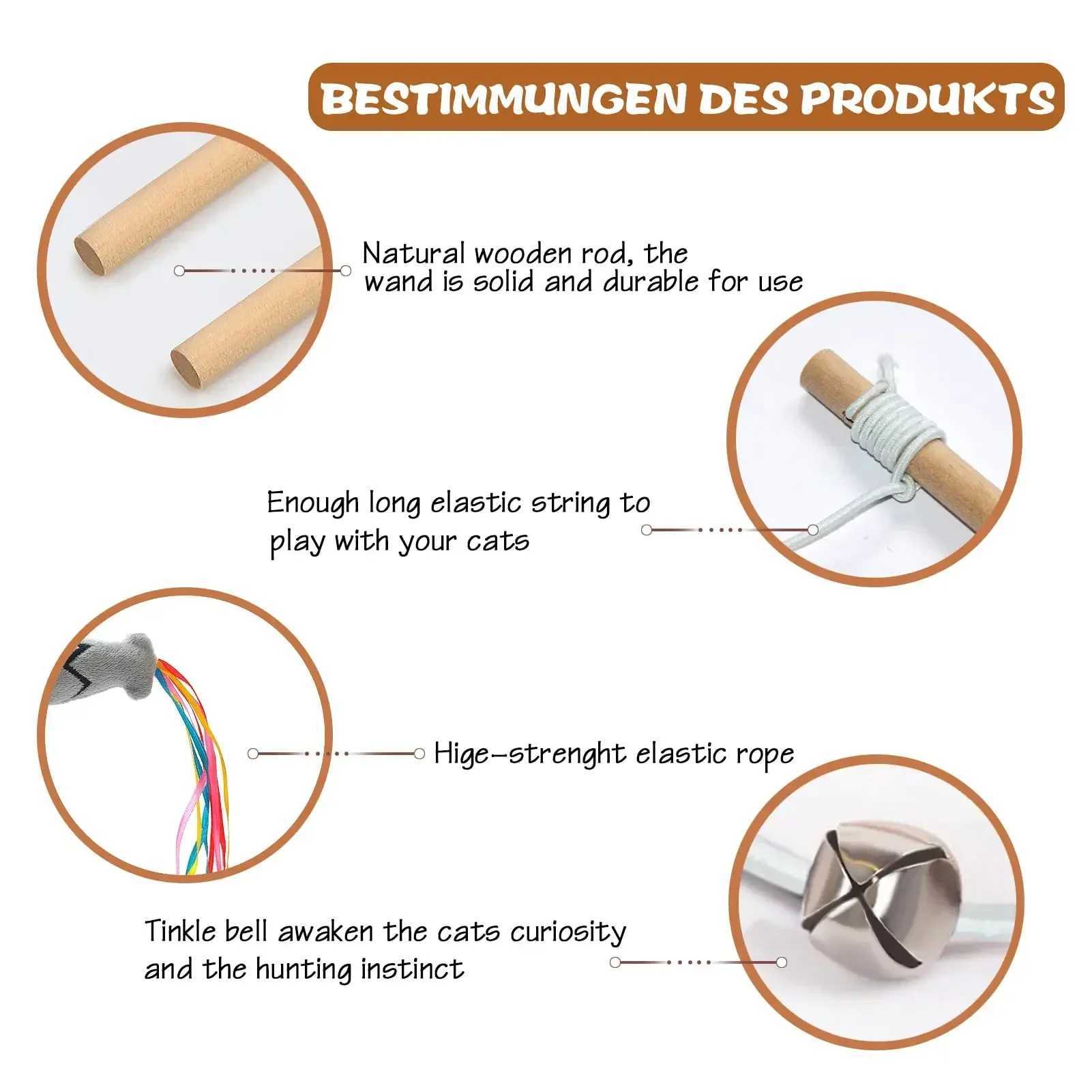 Fashionable cat stick toys natural wooden cat teasing sticks interactive elastic string cat stick toys Y250412