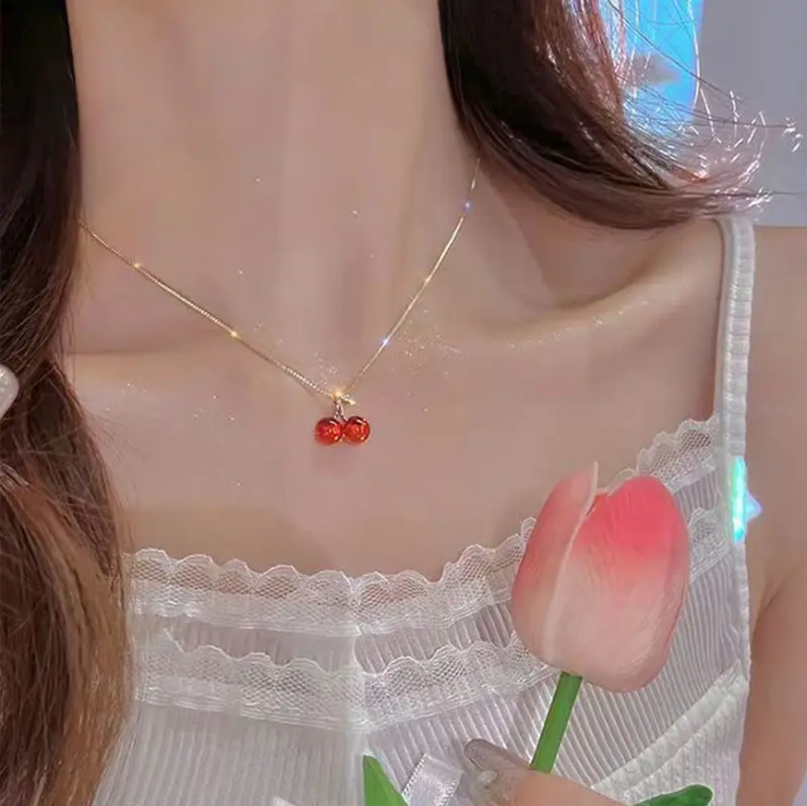 Two piece cherry themed jewelry set for women, including necklace and earrings