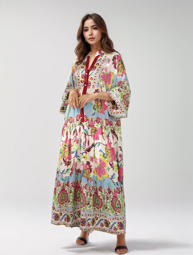 Plus Size Summer Womens Casual Vneck Printed Long Skirt Commuting Trend 250411