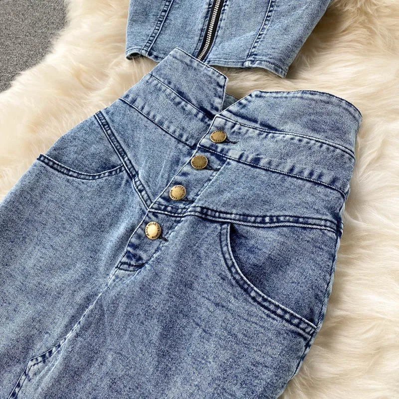 Denim Skirt Set Women Sexy Camisole Tops High Waist Denim Pencil Skirt 2Pcs Suit Fashion Female Summer Slim Bodycon Suits 250411