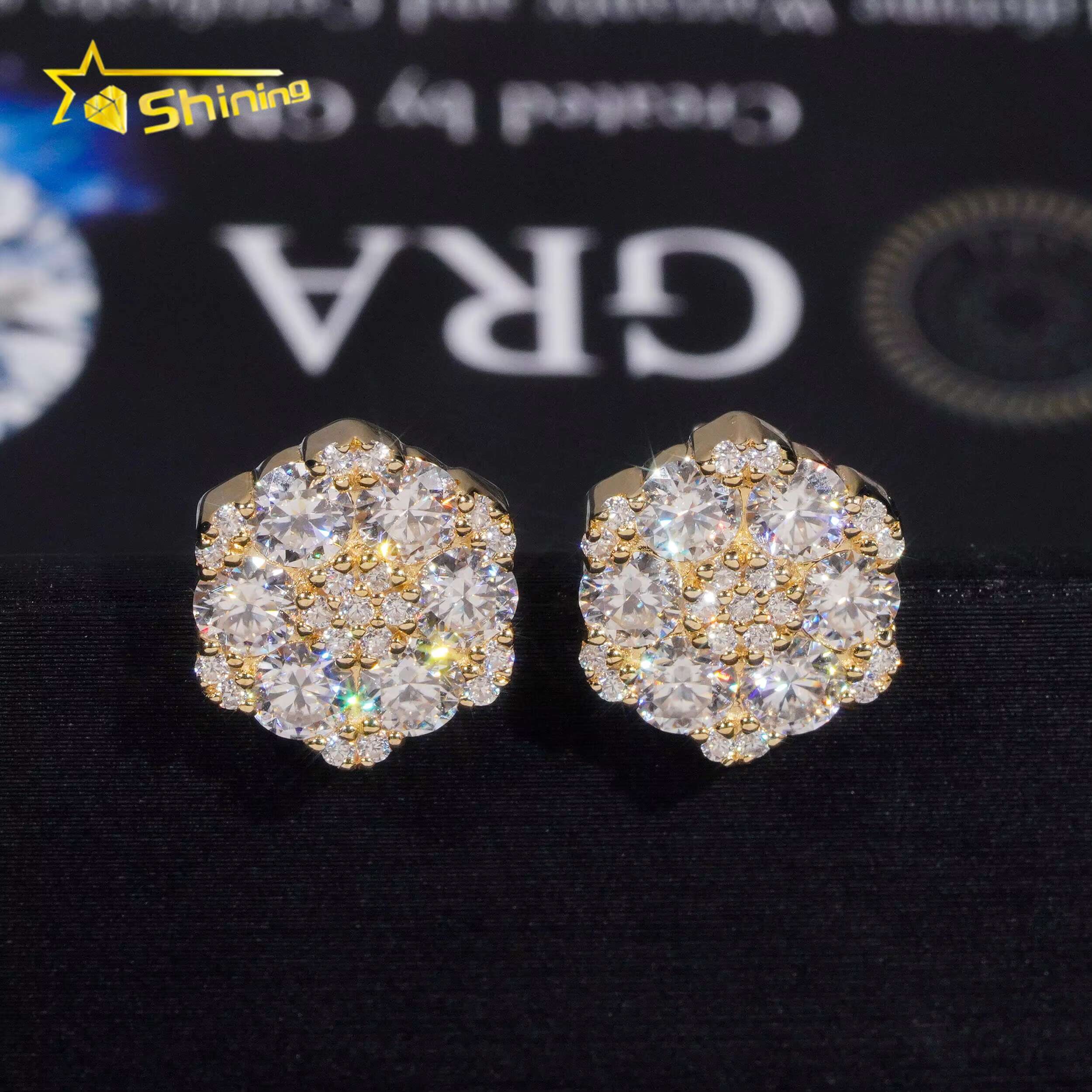 Fine Jewelry Big Luxury Cluster Flower Hip Hop 925 Sterling Silver Moissanite Stud Earrings