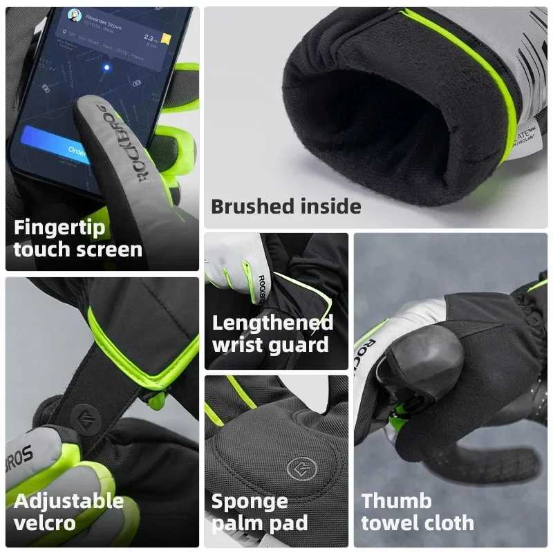 ROCKBROS Cycling Gloves Winter Windproof Keep Warm Reflective Gloves Thickened Palm Pad Touch Screen Night Cycling Glove MTB MenC250412