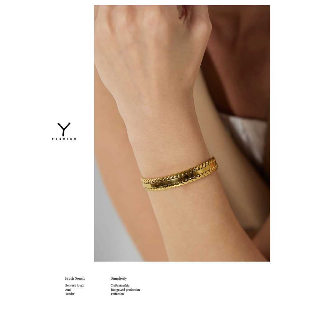 Yhpup 316L Stainless Steel Leaves Bangle Bracelet Minimalist Metalic Golden 18 K Cuff Bracelet Waterproof Jewelry Party GiftC250411