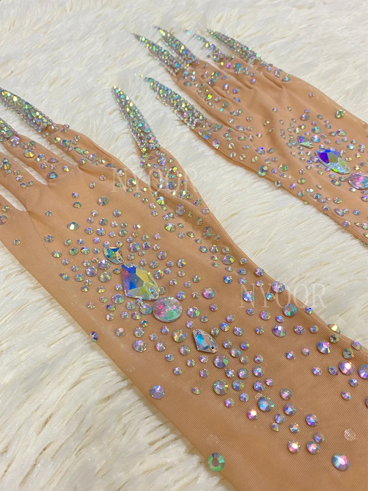 Shining Colored Rhinestones Transparent Mesh Sexy Long Gloves Dancer Singer Nightclub Dance Stage Po Shoot Wear 250408