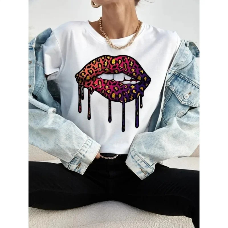 Maycaur womens T-shirt casual round neck top Harajuku fashion cherry lip print top Kawaii short sleeved womens T-shirt 250410