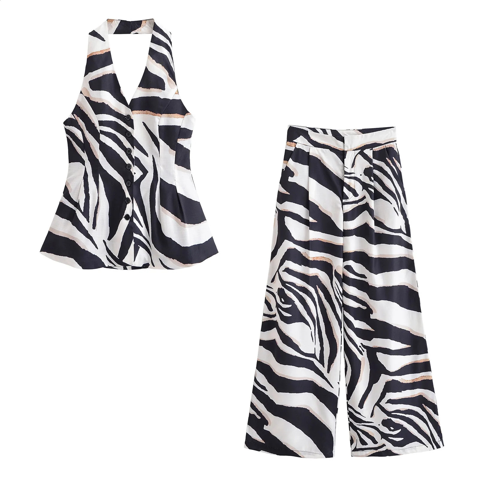 TRAFZA Women Pants Suit Fashion Zebra Stripes Single Breasted Sexy Sleeveless V-Neck TopHigh Waist Zipper Casual Wide Leg Pants 250411