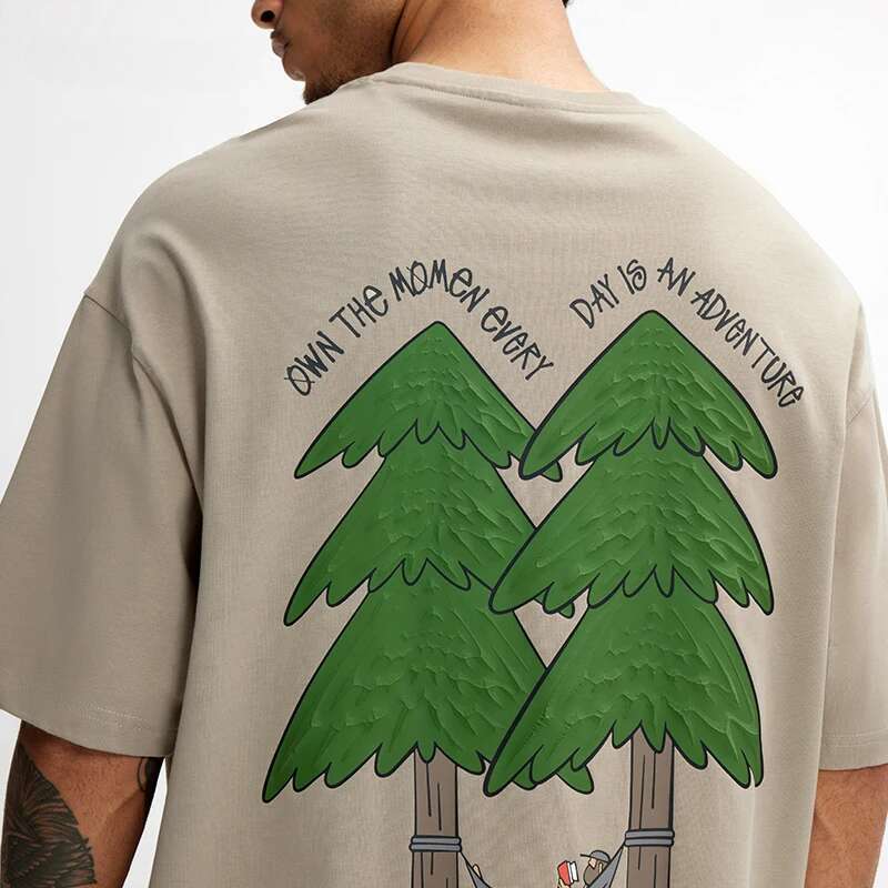 265G Pine Tree Puff Print T-Shirt Heavyweight Oversize Casual Pure Cotton Short Sleeve Unisex