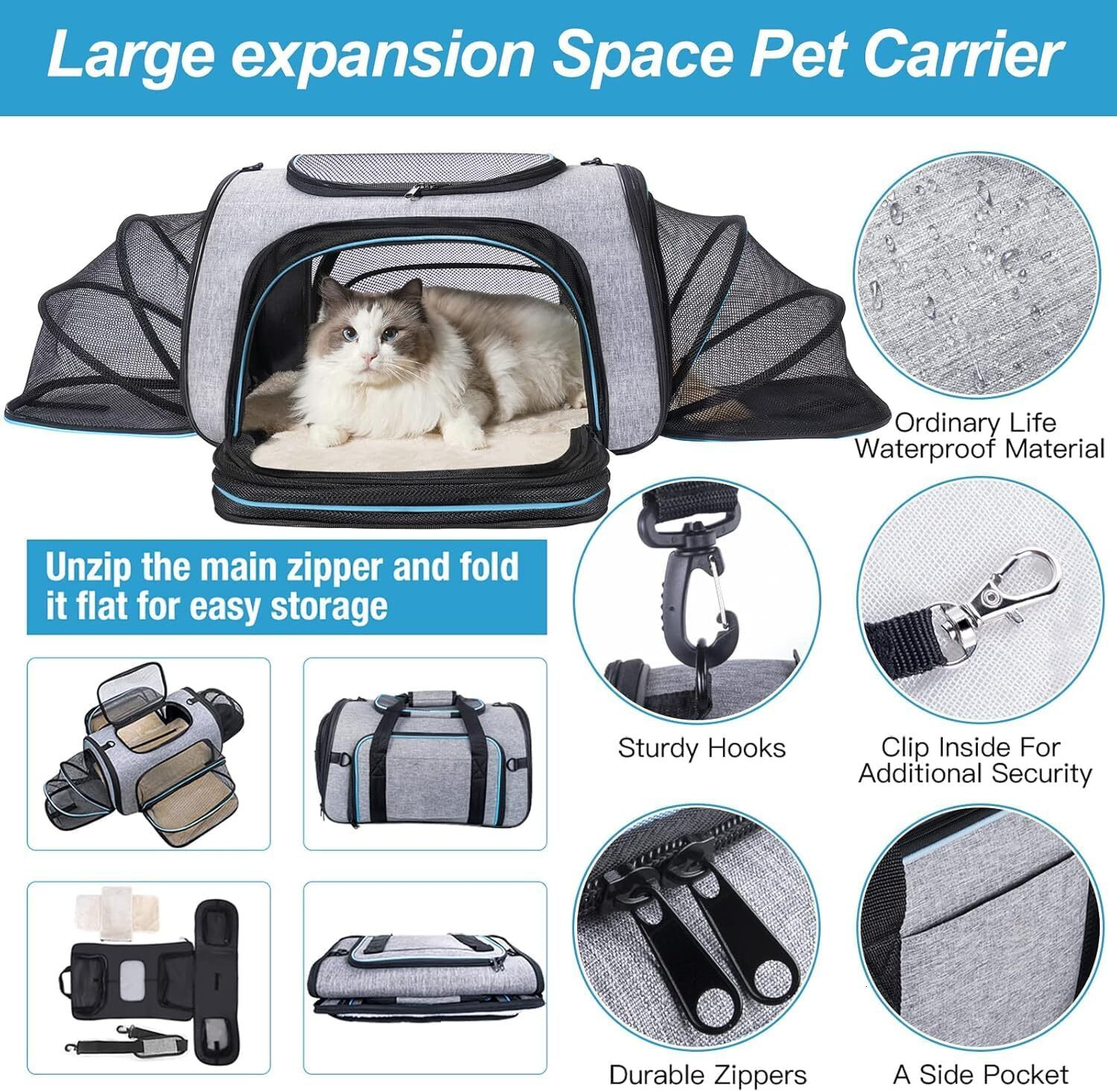 Siivton 4-way expandable pet harness, airline approved foldable cat soft edge harness with detachable wool pad, suitable for cats, puppies, and small 