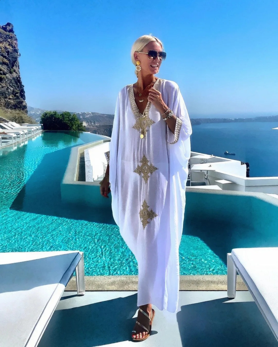 WeHello Womens Summer Premium Bikini Beach Body Cotton Gold Embroidered Robe Loose Comfortable Holiday Dress 250408