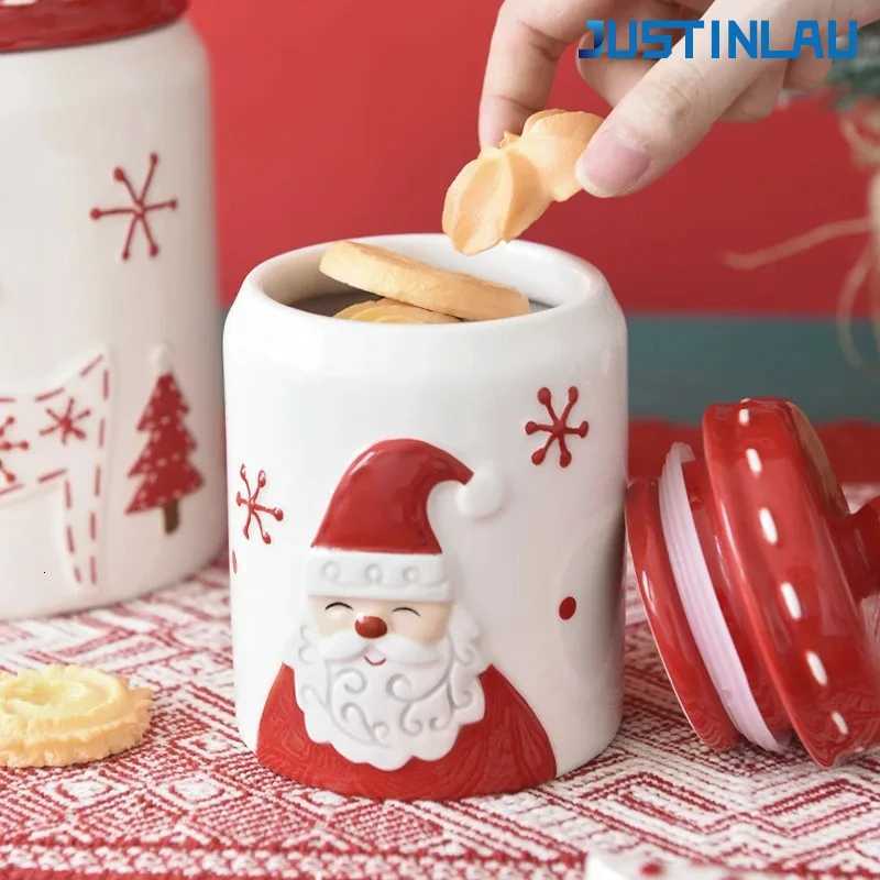 Christmas JUSTINLAU Santa Claus Elk Tree Round Ceramic Sealed Jar Candied Dried Fruit Nut Food Storage Container Kitchen Accessories Y251112