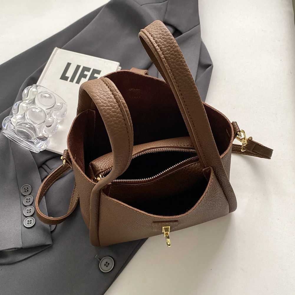 2024 Trend Womens PU Leather Handbag with Inner Bag Magnetic Lock Bucket Bag Double Handle Solid Cross Shoulder BagXJ250412