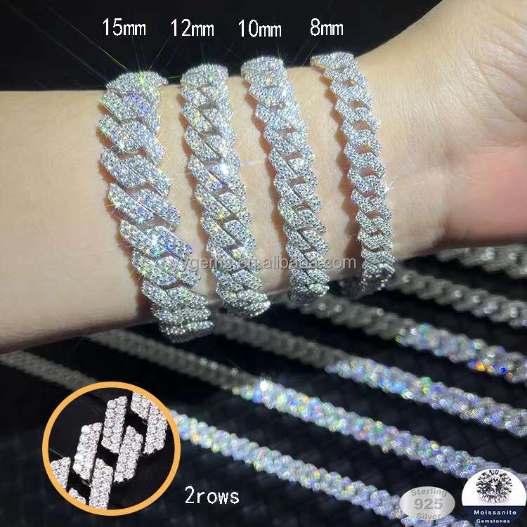 RTS 925 Sterling Silver 8mm Wide 2 Rows D Color VVS Moissanite Hip Hop Necklace Cuban Link Chain