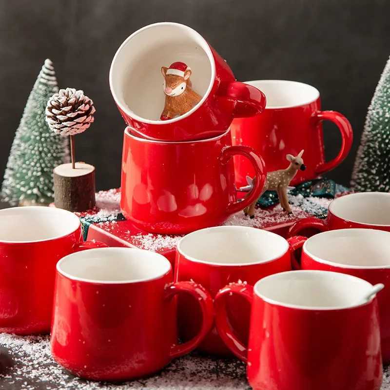 Christmas Christmas gift ceramic water cup Santa Claus snowman red festive mug with lid spoon Christmas tree reindeer cup Y251112