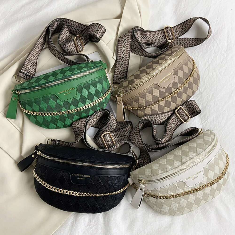 Rhombic Lattice Fanny Pack Bum Bag Fashion Chain Women Messenger Bags Casual PU Leather Simple Wide Strap for Weekend Vacation