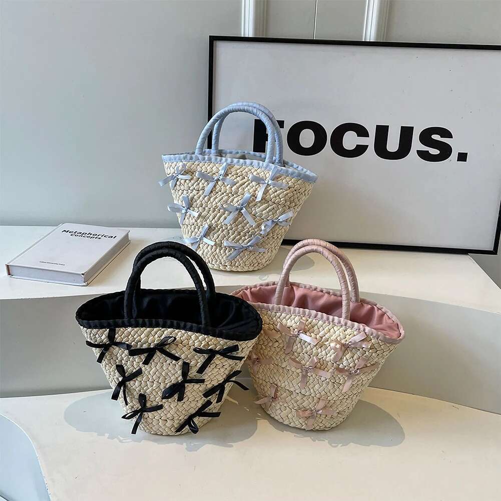 Summer Tote For Women Fashion Woven Raffia Basket Bag Bow Elegant Top Handle Clutch Bags Ladies Drawstring Beach Handbags