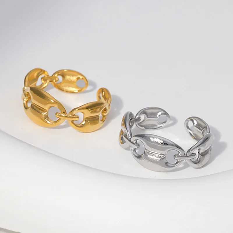 Hip Hop Cuban Coffee Bean Ring Mens Stainless Steel Gold and Silver Adjustable Open Finger Ring Accessories GiftXJ250412