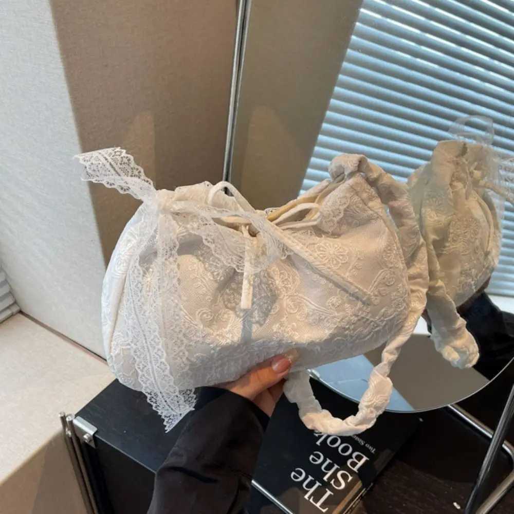 Shopping Tote Bag Lace Shoulder Bag With Ribbon Pleated Strap Simple Canvas Handbag Kawaii Cloth Large Capacity Bag SchoolT2511112