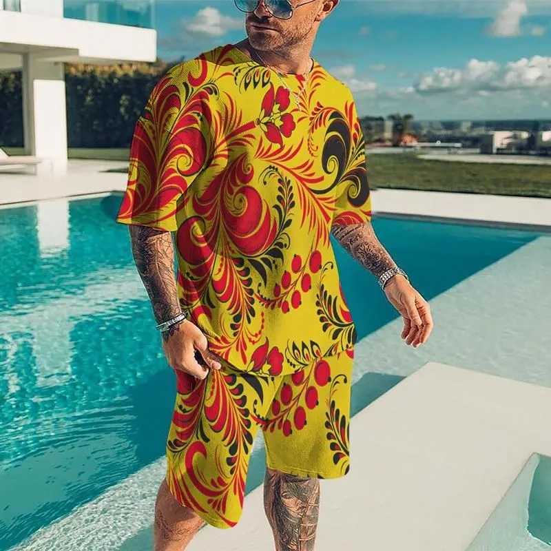 Summer new mens luxury gold patterned sports shirt 3D printed short sleeved T-shirt set fashionable casual mens T-shirt two-piece setXJ250412