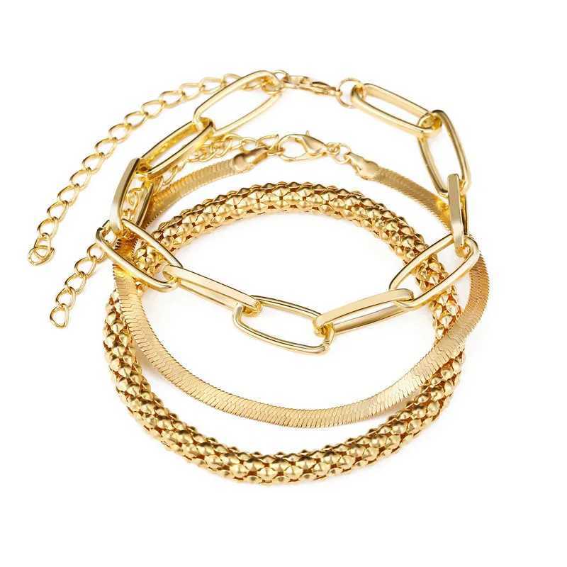 Bohemian Metal Chain Bracelet Set For Women Geometric Gold Color Thick Link Chain Open Bangle Female Fashion JewelryC250411