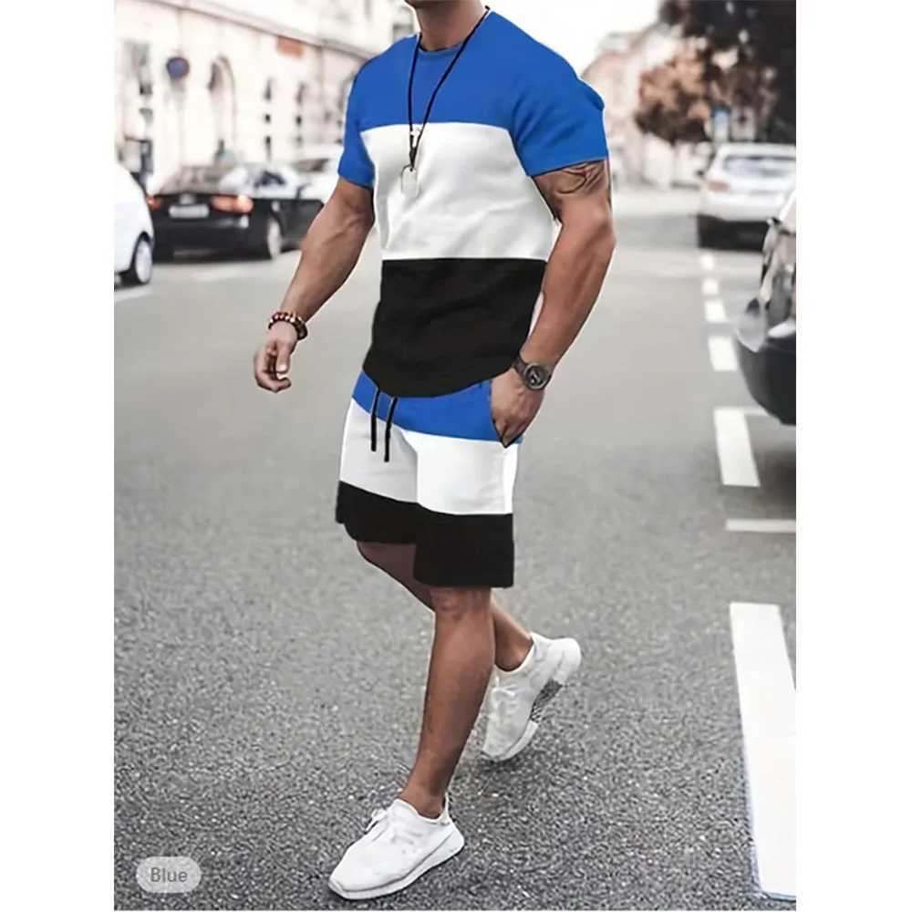 Mens T-shirt set track shorts and T-shirt set colored building blocks crew collar vacation short sleeves 2-piece clothing setXJ250412