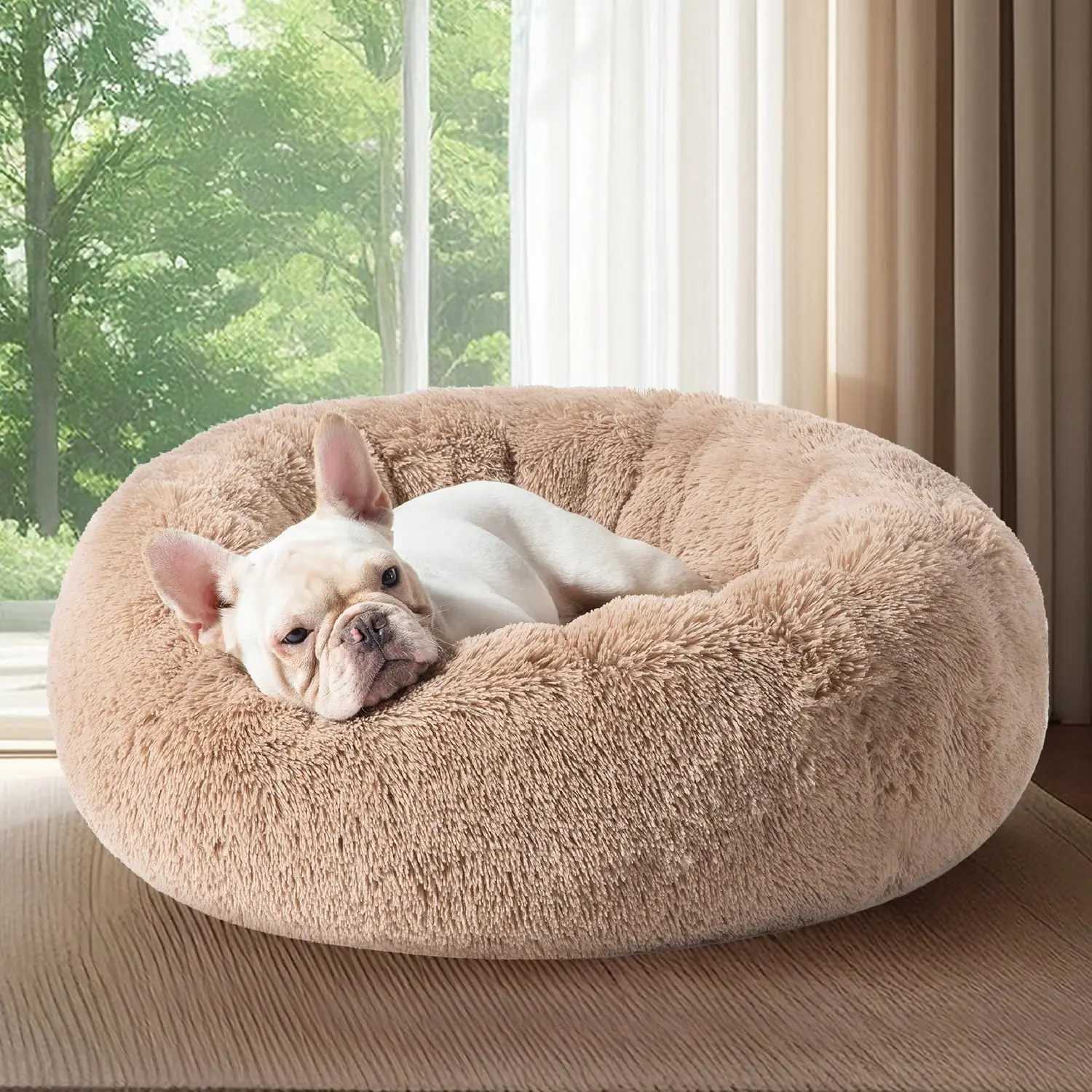 Bedroom calming dog bed for large medium and small dogs - Donut washable small pet bed non slip round fluffy faux fur cat bed X250412
