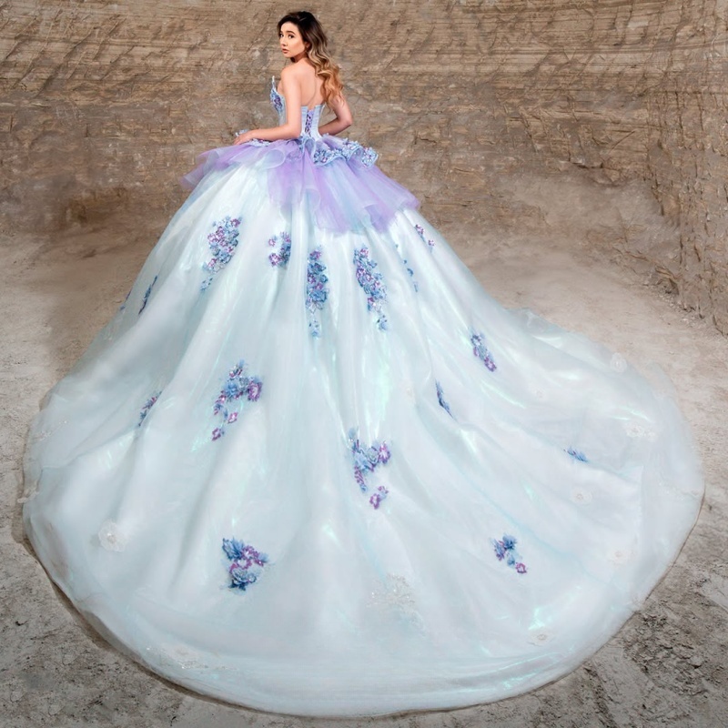 Sky Blue Shiny Princess Quinceanera Dresses Off Shoulder Beads Applique Flower Tull Sweet 16 Dress Ball Gown Vestidos 15 Anos