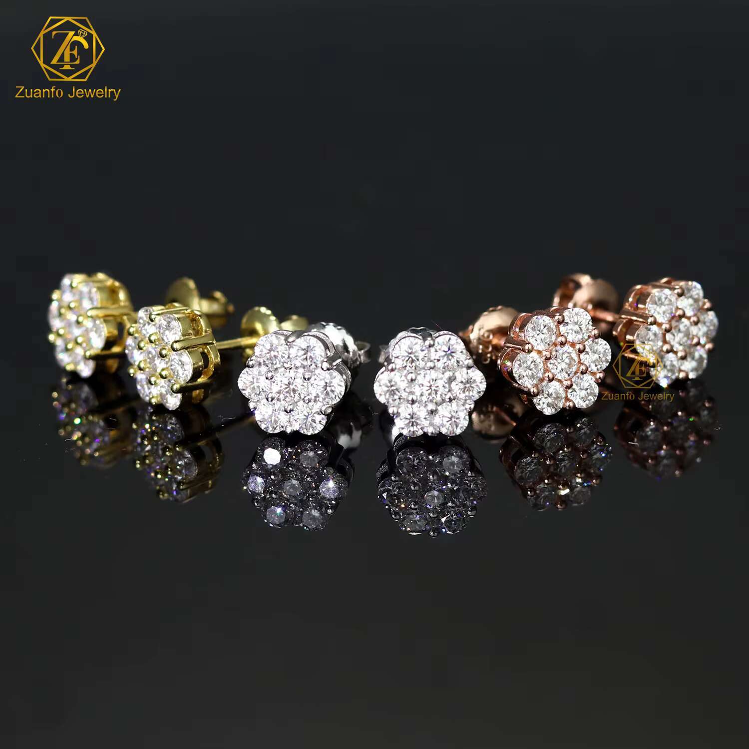 Hot Sale Pass Diamond Tester Hip Hop 925 Silver Gold Plated VVS Diamond Moissanite Flower Cluster Stud Earrings
