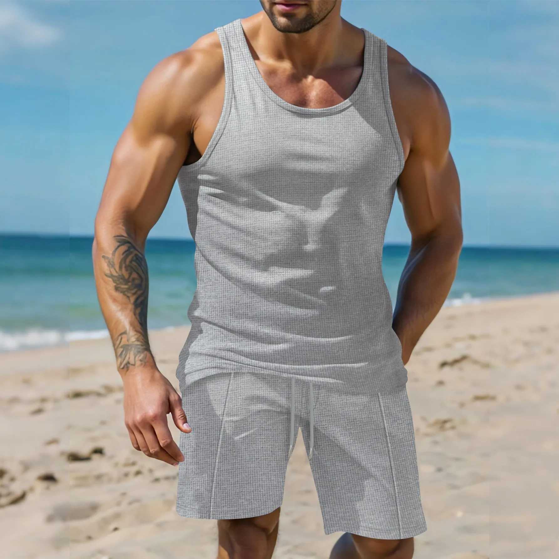2015 new mens sports and leisure solid color breathable waffle thin summer vest drawstring shorts two setsXJ250412