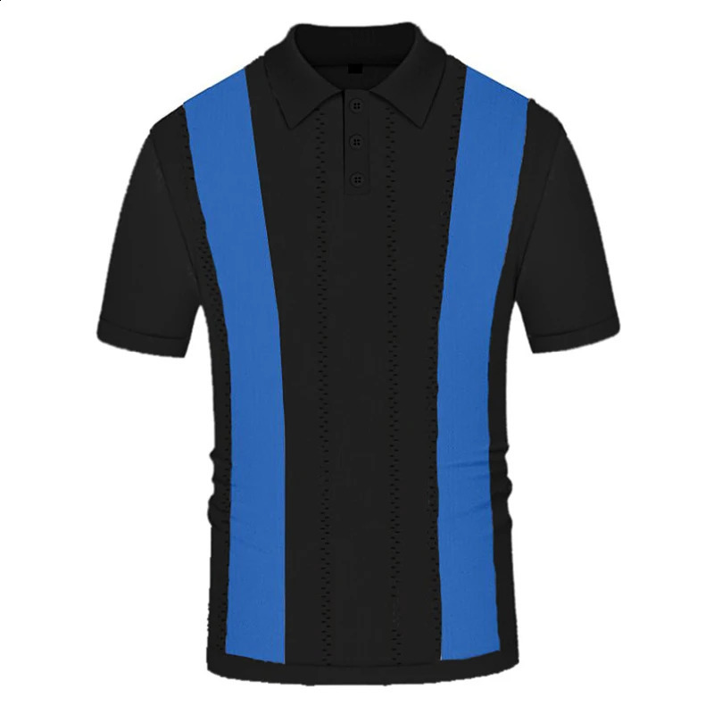 Summer clothing mens casual knitted patch work short sleeved polo shirt collar button breathable T-shirt fashionable M-3XL 250411